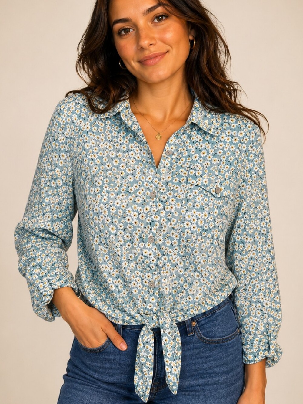 Love Notes Light Blue Daisy Tie-Front Button-Down Shirt